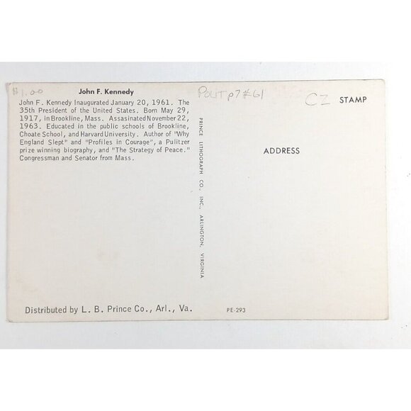 John F Kennedy Postcard 35th USA President Smiling Prince Lithograph Company - Picture 3 of 4